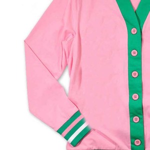 Cardigan tricoté rose pour femmes, col en V, manches longues, bordure verte contrastée, haut décontracté toutes saisons - Product Image 5
