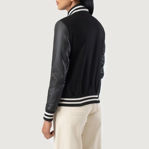 Black Varsity <b>Jacket</b> With Brown Faux Leather Sleeves Stand Collar Button Closure Autumn Wear <b>Women's</b> <b>Jacket</b> - Product Image 5