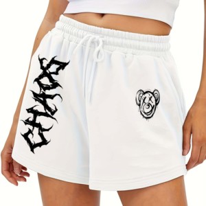Pantalones Cortos Blancos de Estilo Urbano de ZYNTRA INDUSTRIES con Estampado de Letras Góticas Negras, Logotipo de Mono, Cierre con Cordón, Poliéster/Nailon - Product Image 1