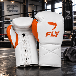 Gants de boxe en cuir blanc Fly pas chers avec accents orange et fermeture à lacets pour adultes, entraînement et sparring - Product Image 5