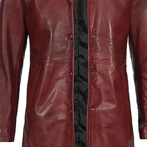 Manteau long en cuir véritable pour homme, col à revers cranté, simple boutonnage, coupe droite, rouge - Product Image 5