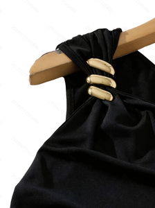 Top Halter Negro de Seda para Mujer, Color Sólido, Elegante, Sin Mangas, con Detalle de Botones - Product Image 4