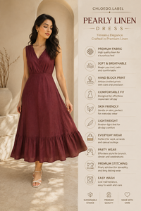 Burgundy Cotton-Linen V-Neck Maxi <b>Dress</b> | Sleeveless <b>Ruffle</b> Hem Long <b>Dress</b> with Pockets, Casual Summer & Resort Wear - Product Image 2
