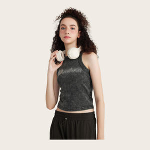 Custom Logo Acid Wash Sleeveless Crop Tank <b>Top</b> Wholesale Women's <b>Distressed</b> Print Slim Tee OEM Manufacturer rhinestone tank <b>top</b> - Product Image 2