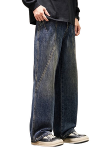 AAFII IMPEX <b>Mens</b> Loose Fit Wide Leg Washed Blue Jeans Casual Tinted Curved Seam Line Denim Pants Vintage Streetwear 100% Cotton - Product Image 2