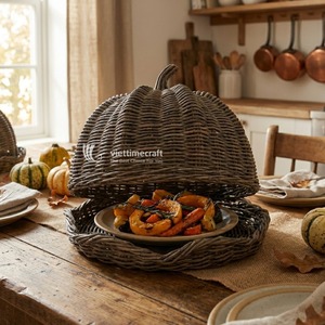 Cubierta de Alimentos de Mimbre Retro con Forma de Calabaza, Cesta de Servir Artesanal de Lujo para Otoño, Bandeja Sostenible para Mesa de Halloween - Product Image 4