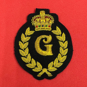 Custom Hand Embroidered Badge With Crown & Letter Gold Bullion Wire Laurel Wreath <b>Sew</b>-On Patch For Garment Nonwoven Felt Badge - Product Image 1