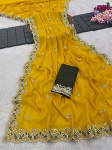 Sari de Seda Georgette Amarillo Puro, Estilo Tradicional para Bodas y Fiestas, con Bordado de Lentejuelas y Zari, Incluye Blusa - Product Image 4