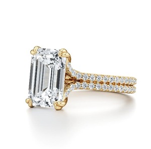 1.15CT <b>Emerald</b> Cut Lab Grown Diamond Engagement <b>Ring</b> 9K Yellow Gold Double Row Pave <b>Band</b> IGI Certified Bridal Jewelry - Product Image 4
