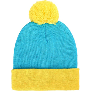 Bonnet unisexe mignon avec pompon jaune, bonnet d'hiver en tricot bicolore bleu et jaune pour adultes, usage décontracté - Product Image 1
