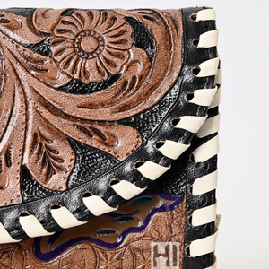 Portefeuille à trois volets en cuir de vachette vintage pour femme, avec décorations florales, doublure en coton, blocage RFID - Product Image 2