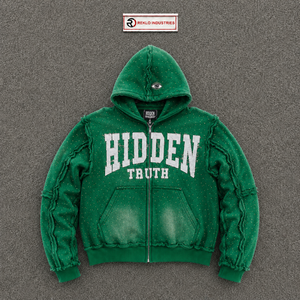 Sudadera con capucha verde con cremallera OVERSIZED HIDDEN TRUTH, estilo urbano, de alta calidad, premium, para invierno, de moda clásica. - Product Image 5
