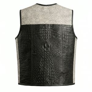 Men Genuine Leather <b>Vest</b> <b>Black</b> Gray Snake Print Patchwork Spliced Collarless Casual Outer Wear - Product Image 6