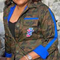 Jaket Wanita Kamuflase Jack and Jill dengan Logo Bordir, Kancing Depan, Ukuran Besar, Pasokan Grosir OEM, Rajutan Katun