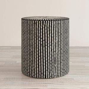 Taburetes de mesa auxiliar de tambor de mosaico hechos a mano con incrustaciones de nácar, negro, marfil y blanco con rayas verticales, taburete de café, decoración para sala de estar - Product Image 1