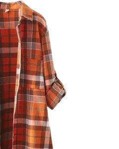 Vestido Camisero Largo a Cuadros Naranja Personalizado para Mujer, Estilo Túnica Casual con Botones, Holgado y Suave de Algodón y Lino - Product Image 2