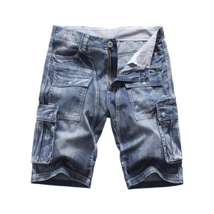 Shorts en jean cargo mi-longs respirants pour hommes grandes tailles, style vintage ample avec poches, motif uni, décontracté d'été, vente en gros - Product Image 1