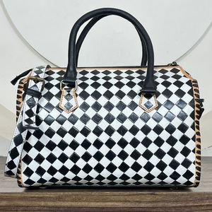 Western Black & White Checkered 15" Speedy Bag with Teal Concho Women's Designer Hand <b>Tooled</b> Cow <b>Leather</b> Travel Duffel Carry Bag - Product Image 5