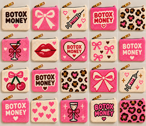 Collection de pochettes à monnaie Botox Money Beaded Pouch avec motifs seringue, lèvres, nœud, cerise, cœur, en perles de rocaille roses, porte-monnaie zippé, vente en gros - Product Image 1