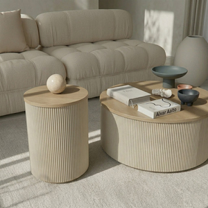 Modern Wood Coffee <b>Table</b> Set Minimalist Design Living Room Furniture Nesting <b>Round</b> <b>Side</b> <b>Table</b> with Ribbed Texture Natural Finish - Product Image 2