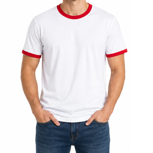 T-shirt homme personnalisé avec logo, col côtelé contrastant, manches blanches et rouges, coupe ajustée en coton, vente en gros - Product Image 1