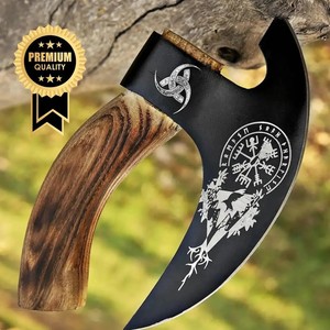 Hache à pizza industrielle forgée à la main, sur mesure, style viking, manche en bois, acier au carbone, 9 lames, étui en cuir - Product Image 2