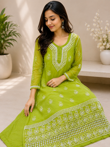 Kurti droit en Georgette vert citron brodé à la main, style Lucknowi Chikankari - Tunique ethnique indienne élégante pour la vente en gros - Product Image 2