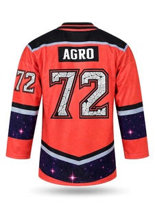 Maillot de hockey sur glace personnalisé sublimé rouge corail, col en V, nom et numéros de l'équipe, respirant, coton/bambou, évacuation de l'humidité, écologique - Product Image 1