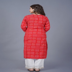 <b>Women</b> Red Bandhani Printed Embroidery Work Yoke On Neck Kurti with , 3/4 Sleeves Casual Ethnic Wear Straight <b>Kurta</b> - Product Image 2