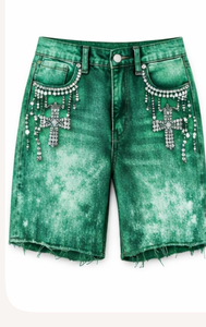 Pantalones Cortos de Mezclilla para Hombre, Personalizados con Logotipo, Marca Privada, Alta Calidad, Estilo Y2K, Cierre de Cremallera, 100% Algodón, con Pedrería - Product Image 4