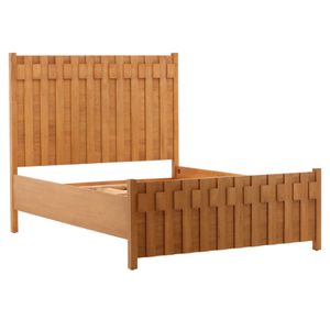 Lit plateforme minimaliste moderne en teck massif écologique avec tête de lit à panneaux tissés verticaux et rembourrage pour chambre à coucher - Product Image 1