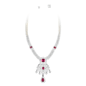 Fashion Jewelry Set White Polish CZ Long <b>Necklace</b> with <b>Ruby</b> Embellishment - Product Image 3