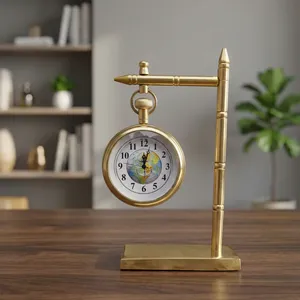 Horloge de bureau suspendue vintage en laiton avec cadran globe terrestre, horloge de table en métal antique, accessoire de bureau nautique décoratif de luxe - Product Image 5