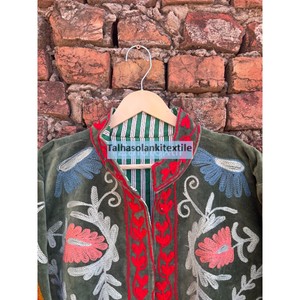 Hand Embroidered Velvet Jacket Floral Pattern Mandarin Collar Full Sleeve <b>Women's</b> <b>Coat</b> Cotton Lining Winter Style - Product Image 3