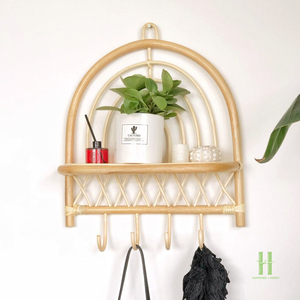 Natural Rattan Wall Hanging <b>Shelf</b> <b>with</b> <b>Hooks</b>, Eco-Friendly Wicker Storage Rack for Keys, Bags, Towels, Rustic Home Decor - Product Image 5