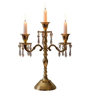 Luxury 12-inch 3-Arm Brass Gold <b>Candelabra</b> With Crystal Hangings Premium Aluminum Metal Candle Holder For Wedding Centerpiece - Product Image 1