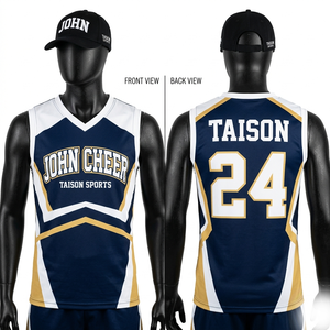 Maillot de cheerleading en maille polyester premium 180 GSM bleu, blanc et or, avec logo personnalisé par sublimation - Product Image 4