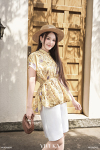Women's <b>Linen</b> Floral Print Chiffon Blouse Mandarin Collar Cap Sleeve Loose Fit Casual Spring Summer <b>Top</b> VENUS - Product Image 5