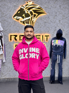 Custom Streetwear <b>Men's</b> <b>Pink</b> Hooded Zip-Up <b>Sweatshirt</b> Oversized Fleece Streetwear Autumn Style Rhinestone Letter Print - Product Image 1