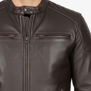 Veste moto en cuir véritable pour homme, col montant, fermeture éclair, coupe classique, style automne, marron foncé, couleur unie - Product Image 5