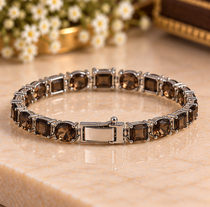 Bracelet en quartz fumé, argent sterling 925, bracelet tennis en pierre précieuse marron, bijoux de luxe pour femmes - Product Image 1