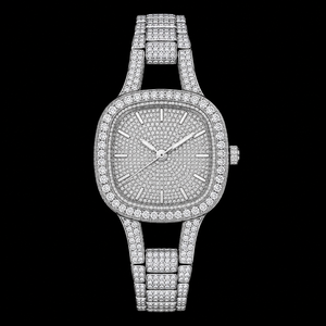 Montre de luxe sertie de diamants, bracelet en acier inoxydable argenté, montre-bracelet à quartz pour hommes et femmes, style de mode haut de gamme, élégante - Product Image 1