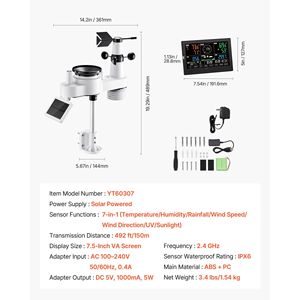 Stazione meteorologica wireless da 7,5 pollici con display VA, alimentata a energia solare, con sensori interni/esterni e pluviometro - Product Image 4