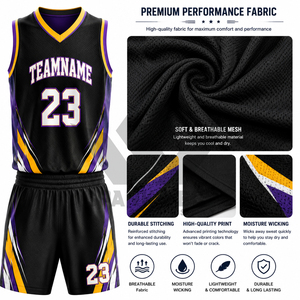 Ensemble de maillots de basket-ball sublimés personnalisés, nom de l'équipe 24, noir et violet, col en V, sans manches, vêtements de sport respirants pour adultes - Product Image 5