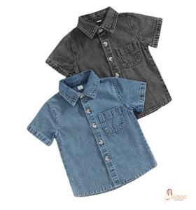 เสื้อเชิ้ตเดนิมเด็กชาย แขนสั้น สีพื้น ติดกระดุม ปกคอพับ สไตล์ลำลอง ทรงปกติ ผ้าฝ้ายฟอก - Product Image 1