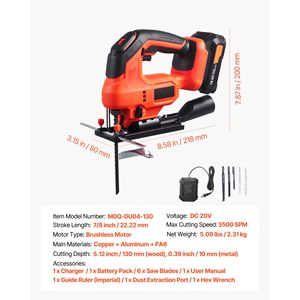 Seghetto Alternativo a Batteria 20V con Motore Brushless, Luce LED, 3500 SPM, 6 Velocità Variabili, 6 Lame per Taglio Metallo - Product Image 5