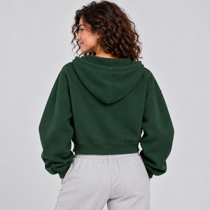 Sweat-shirt court à capuche vert foncé pour femme, coupe ajustée, taille cintrée, doublure polaire, fermeture éclair courte, personnalisable avec logo - Product Image 2