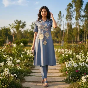 Robe midi brodée florale bleue pour femme, col chemise, manches courtes, style kurta décontracté, avec pantalon assorti, ensembles pour femmes - Product Image 4