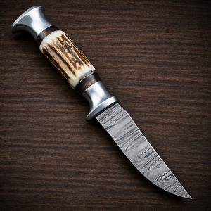 Couteau de chasse artisanal en acier Damas avec manche en corne et étui en cuir – Couteau de survie à lame fixe pour le camping en plein air - Product Image 2