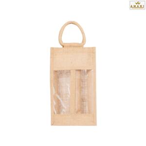 Bolsa de yute para botella de vino con logo personalizado impreso, ecológica, reutilizable, con ventana transparente, bolsa de regalo con 2 compartimentos para compras. - Product Image 1
